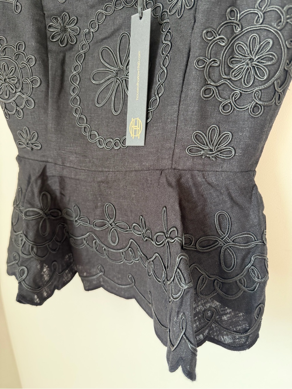 Black Embroidered Tie-Shoulder Peplum linen Tank top - Picture 2 of 7